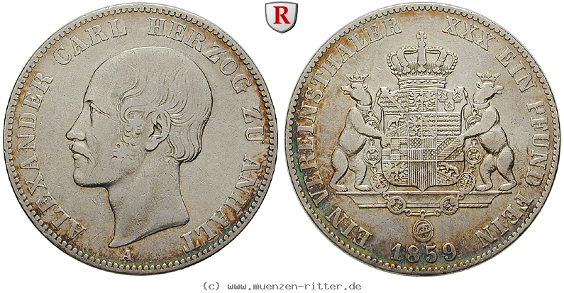 Klicken Sie auf das Bild um es auf Ihrem Rechner zu speichern anhalt-alexander-carl-vereinstaler/83401.jpg
