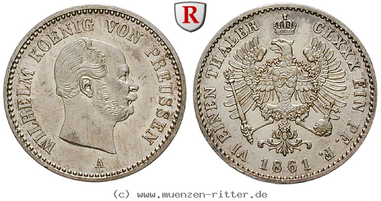 Klicken Sie auf das Bild um es auf Ihrem Rechner zu speichern brandenburg-preussen-wilhelm-i-1-6-taler/15771.jpg
