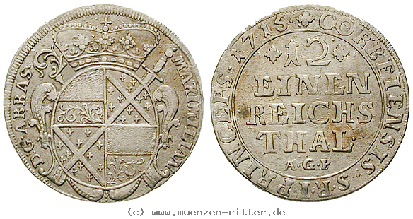 Klicken Sie auf das Bild um es auf Ihrem Rechner zu speichern corvey-abtei-maximilian-von-horrich-1-12-taler/48233.jpg