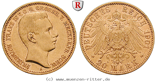 Klicken Sie auf das Bild um es auf Ihrem Rechner zu speichern deutsches-kaiserreich-friedrich-franz-iv-20-mark/102717.jpg